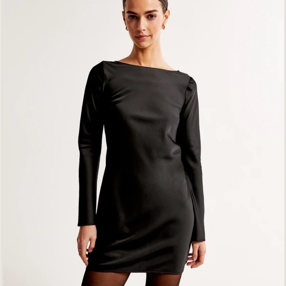 New Abercrombie & Fitch Satin Long-Sleeve Open-Back Mini Black Dress Size Medium - Picture 1 of 9